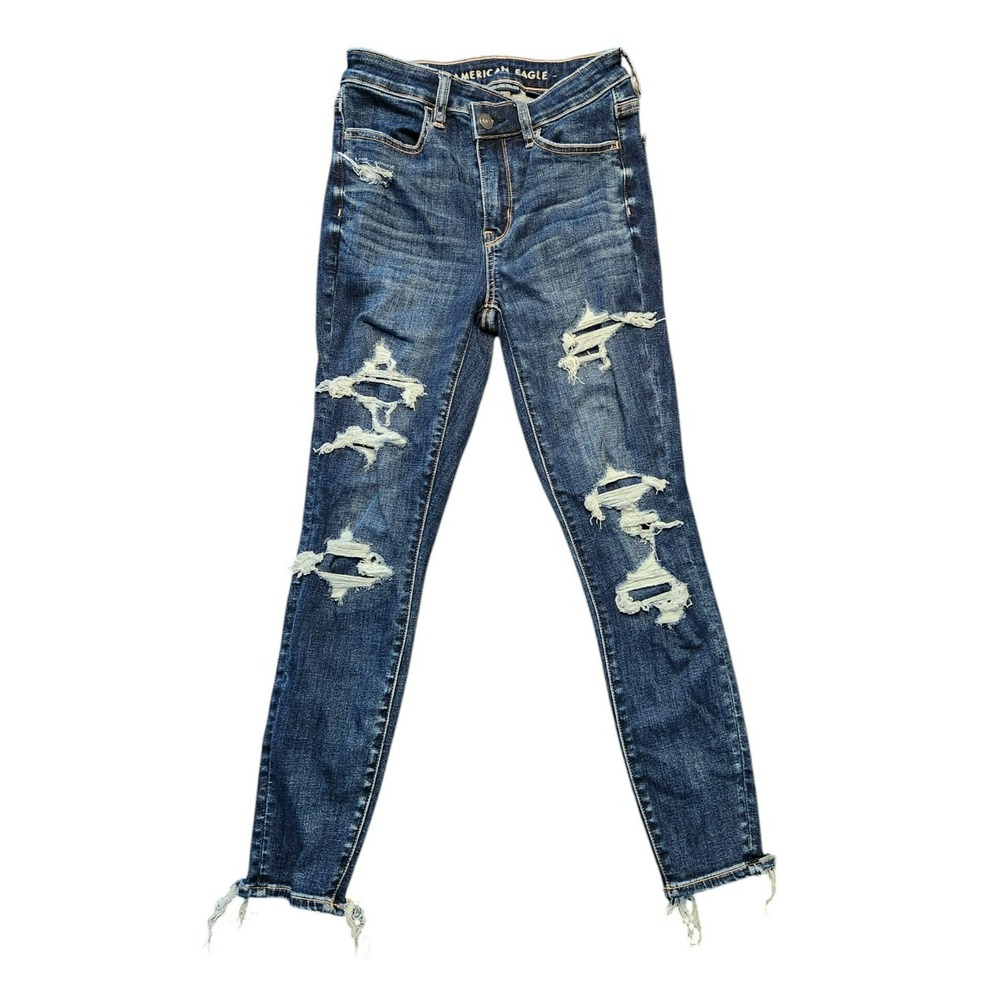 American Eagle Next Level Stretch Distressed Skinny Jeans Dark Wash Frayed Hem